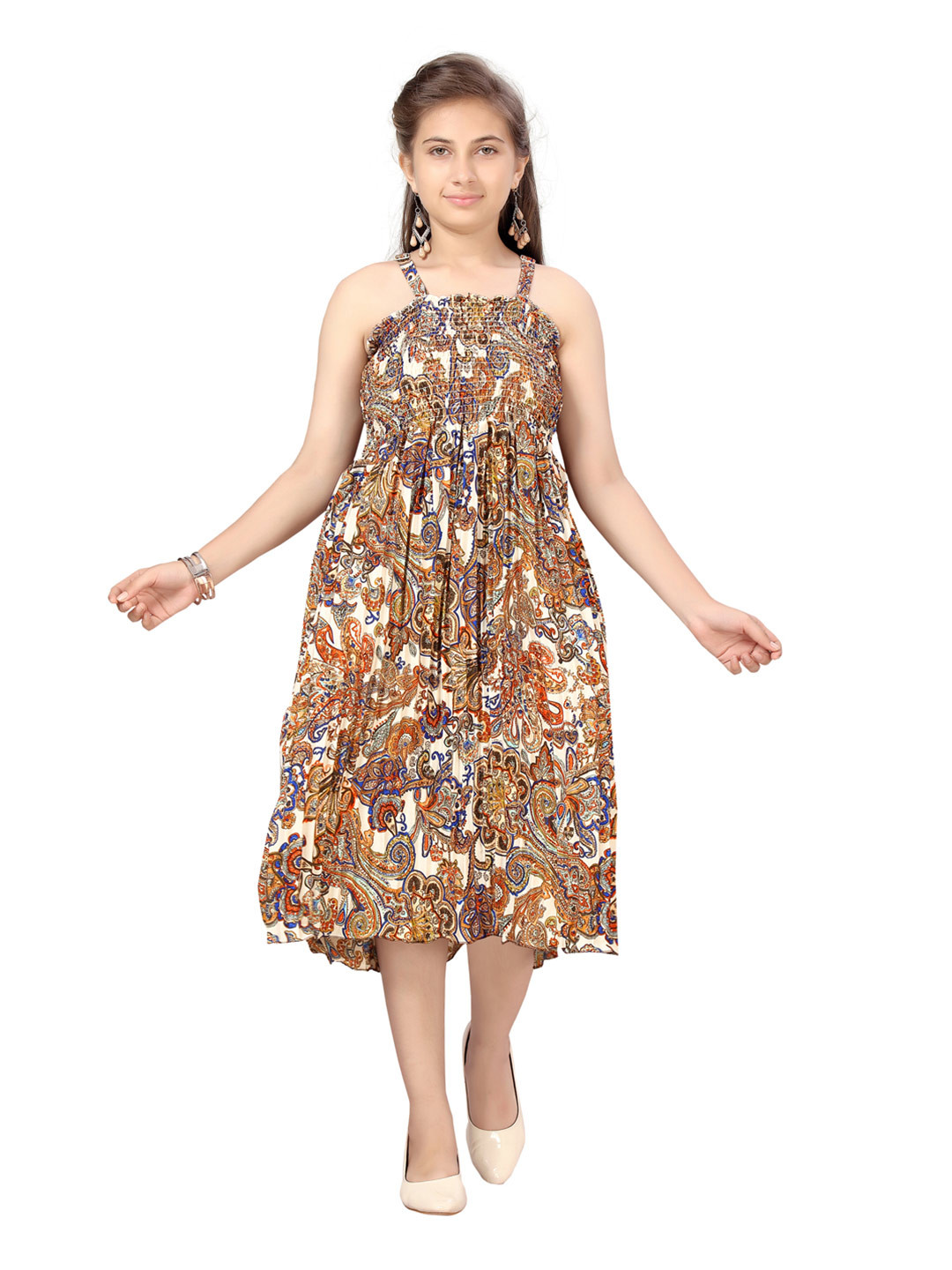 Aarika Girls Brown & Beige Ethnic Motifs Georgette Midi Dress