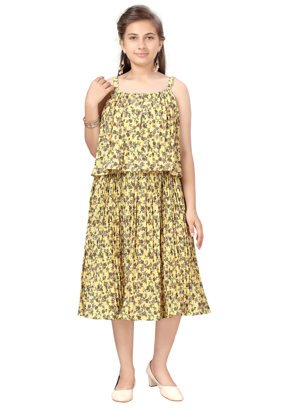 Aarika Girls Yellow & Brown Floral Georgette A-Line Midi Dress