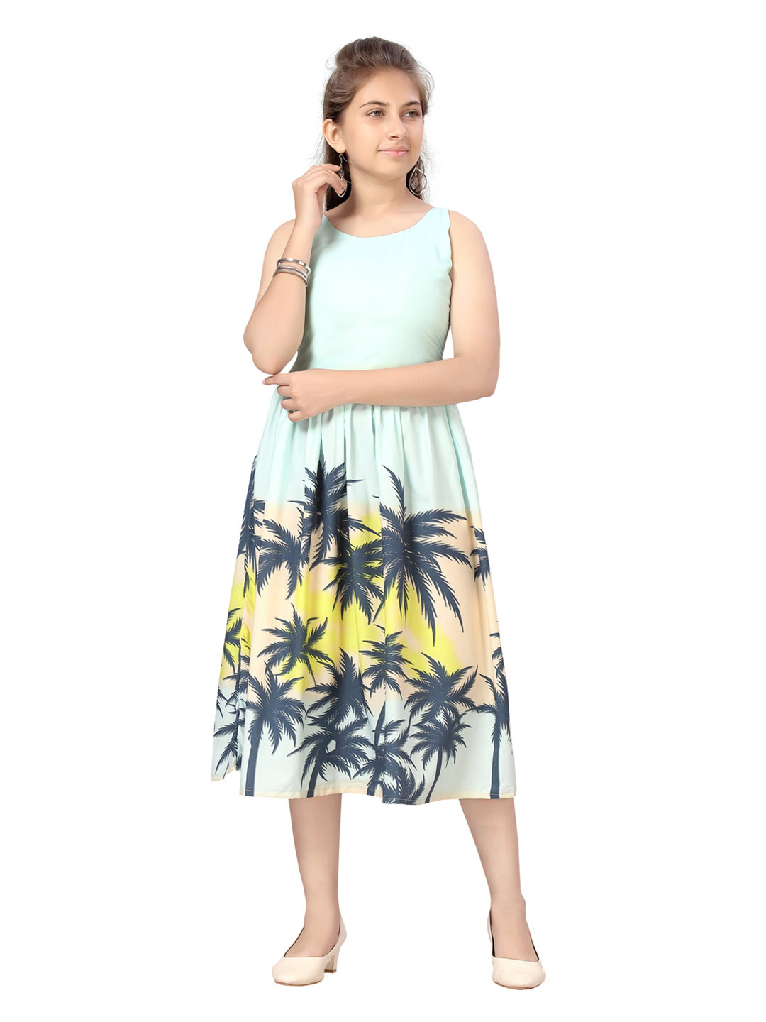 Aarika Girls Blue & Green Tropical Midi Dress