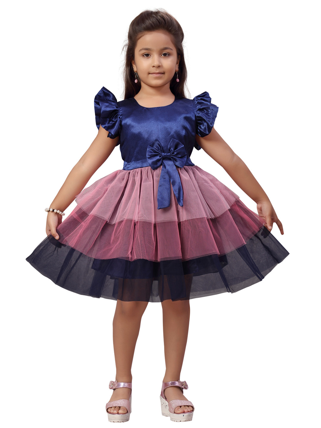 Aarika Navy Blue Colourblocked Net Dress