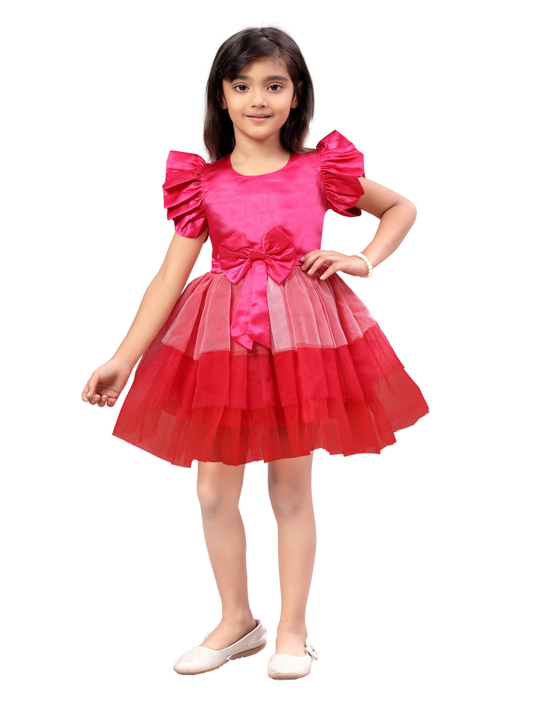Aarika Pink & Red Colourblocked Net Dress