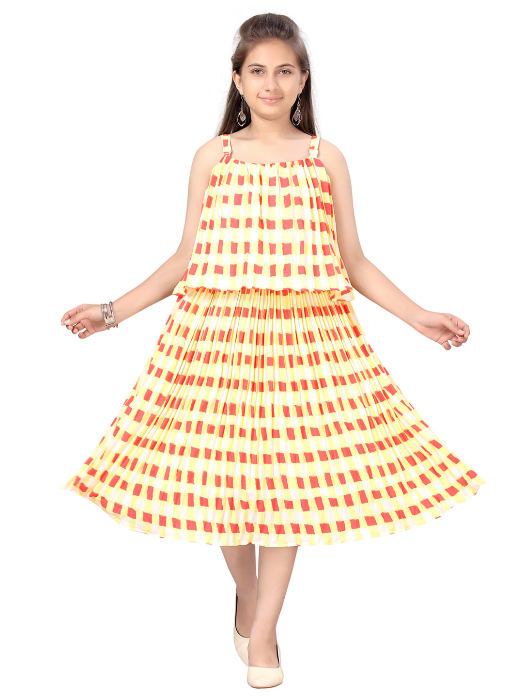 Aarika Yellow & Red Tie and Dye Georgette A-Line Midi Dress