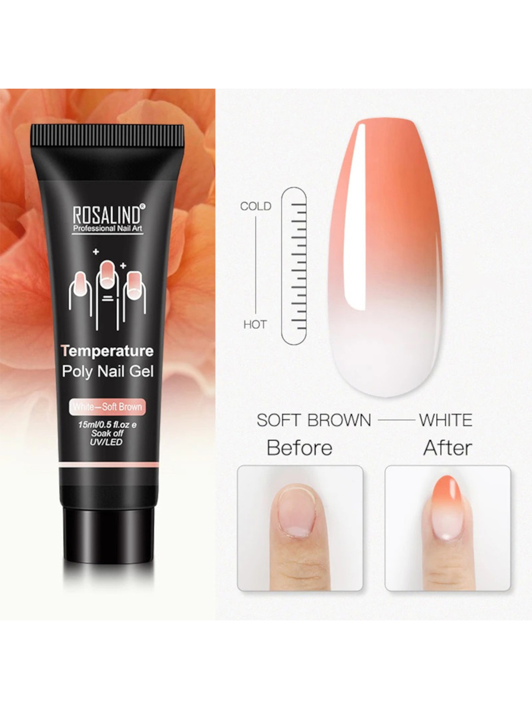 ROSALIND UV & LED Soak-Off Temperature Poly Nail Extension Gel 15 ml - White-Soft Brown