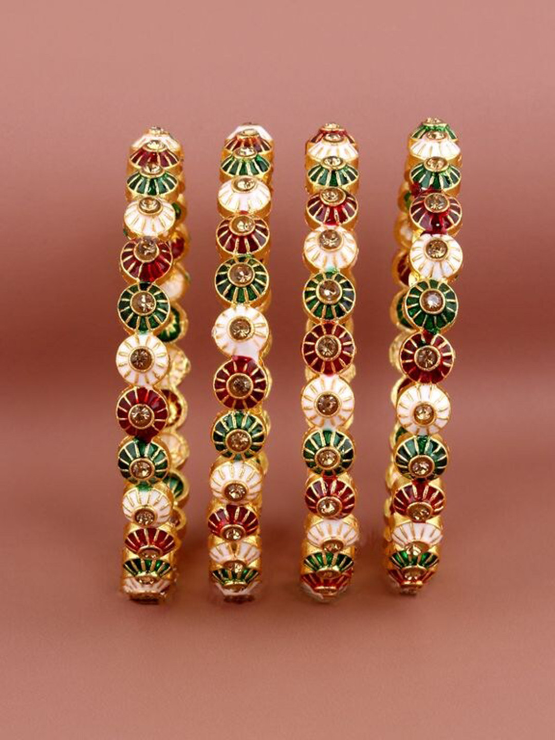 LUCKY JEWELLERY Set Of 4 18K Gold-Plated Green & Red Stone Studded Traditional Bangles