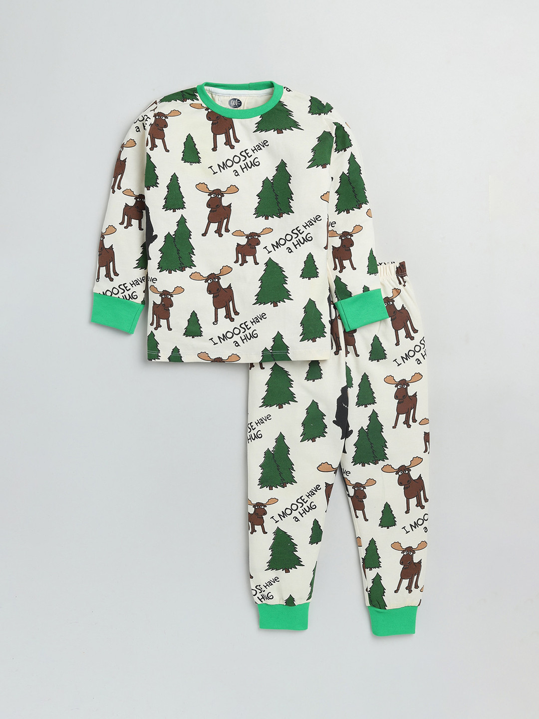 YK Boys Cream-Coloured & Green Printed Night suit