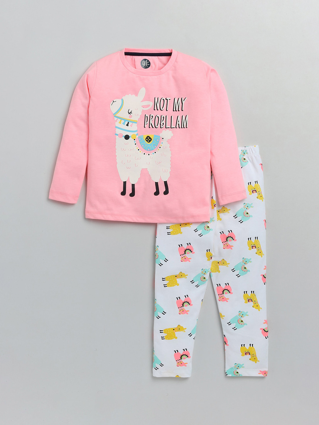 YK Girls Pink & White Lama Printed Night suit