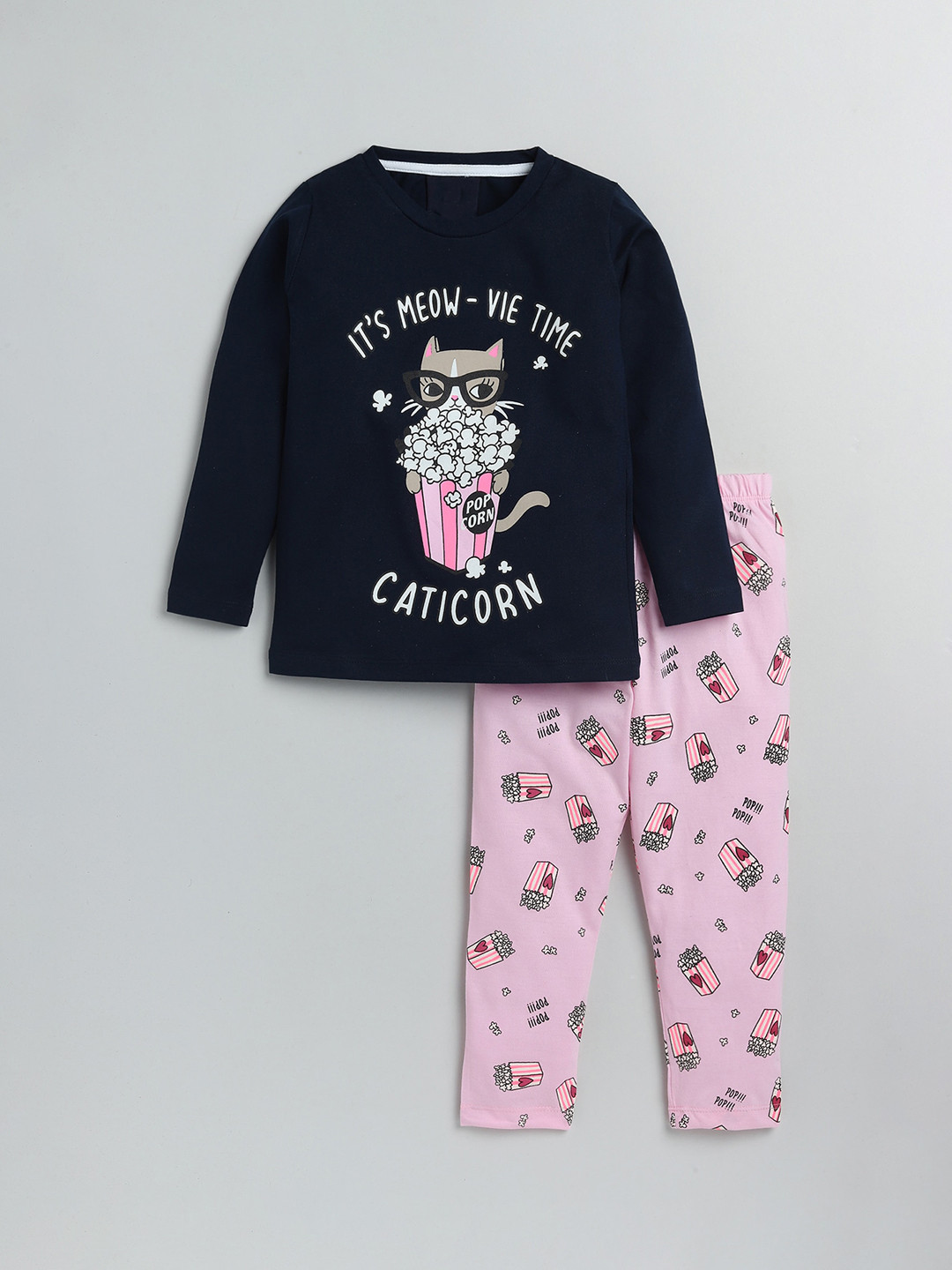 YK Girls Navy Blue & Pink Printed Night suit