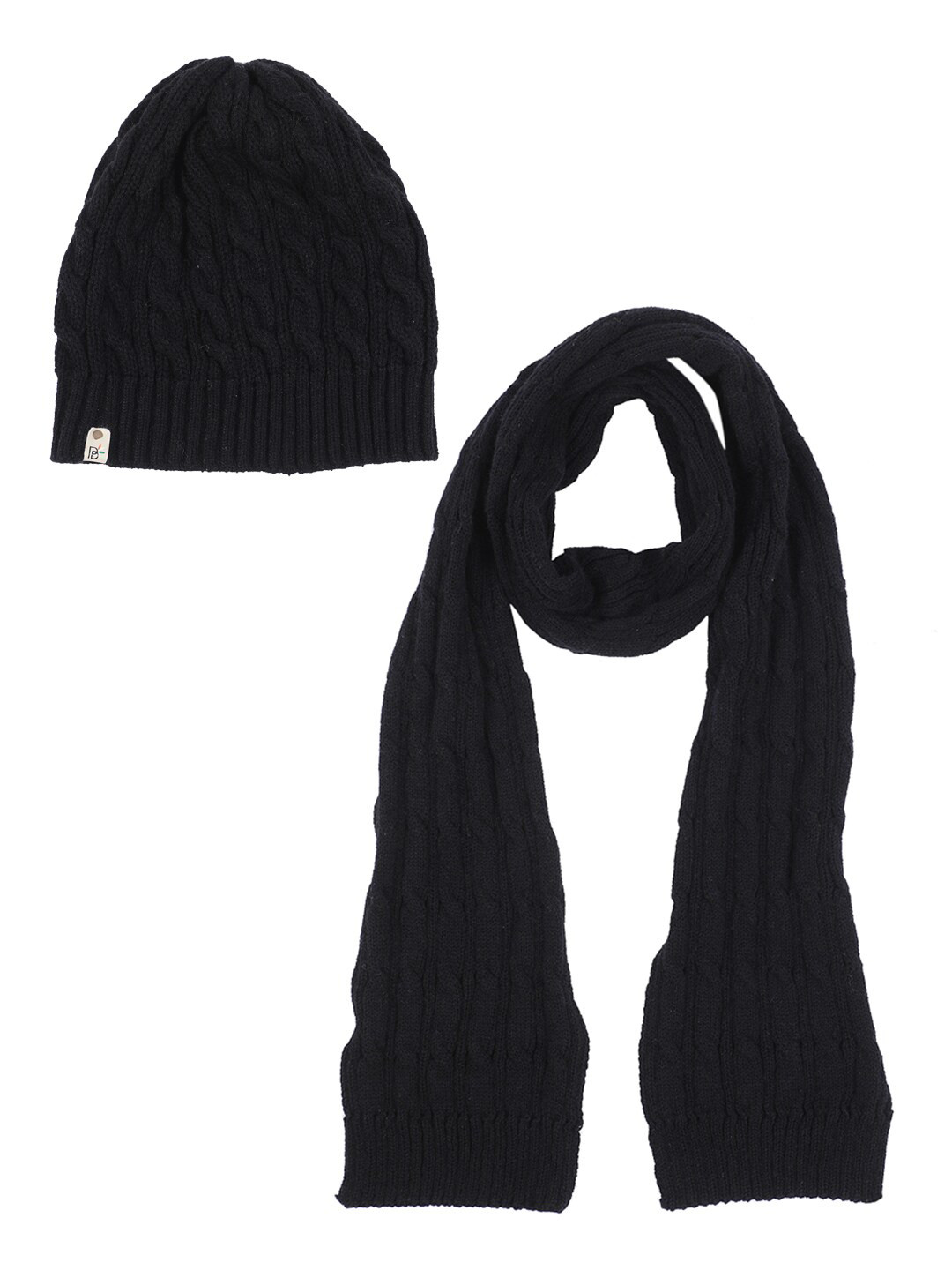 Bharatasya Women Black Fine Knitted Cable Cap And Muffler