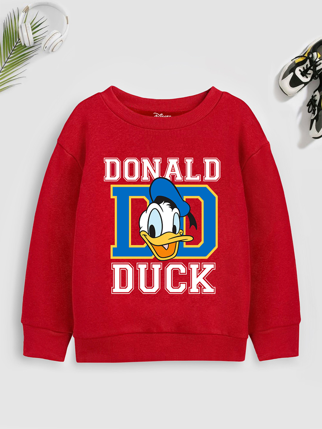 YK Disney Teen Boys Red Donald Duck with Varsity Typography Printed Sweatshirt