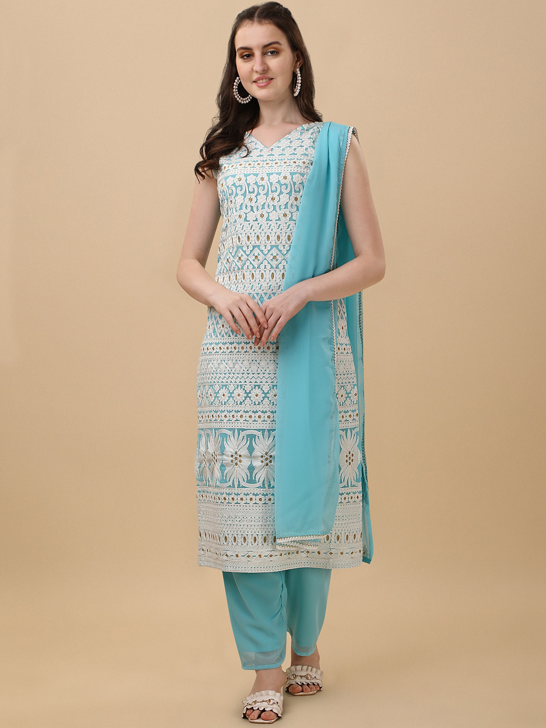 Virah Fashion Women Turquoise Blue Floral Embroidered Kurta with Pyjamas & Dupatta