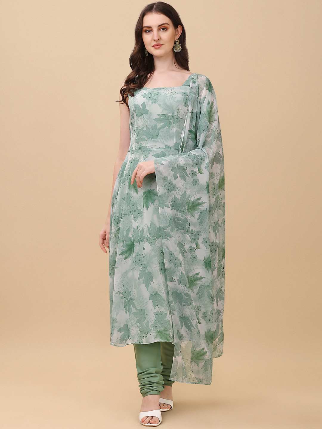 Virah Fashion Women Green Floral Printed Kurta with Churidar & Dupatta