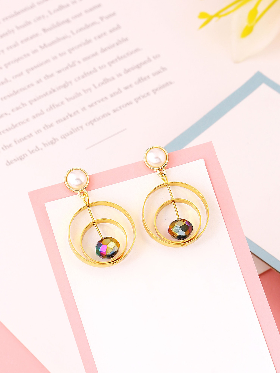 Yellow Chimes Women Gold Tone Pearl Crystal Circle Drop Earrings