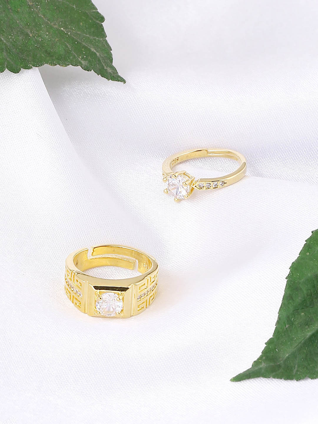 Yellow Chimes Set of 2 Gold-Plated & White Crystal-Studded Adjustable Finger Rings