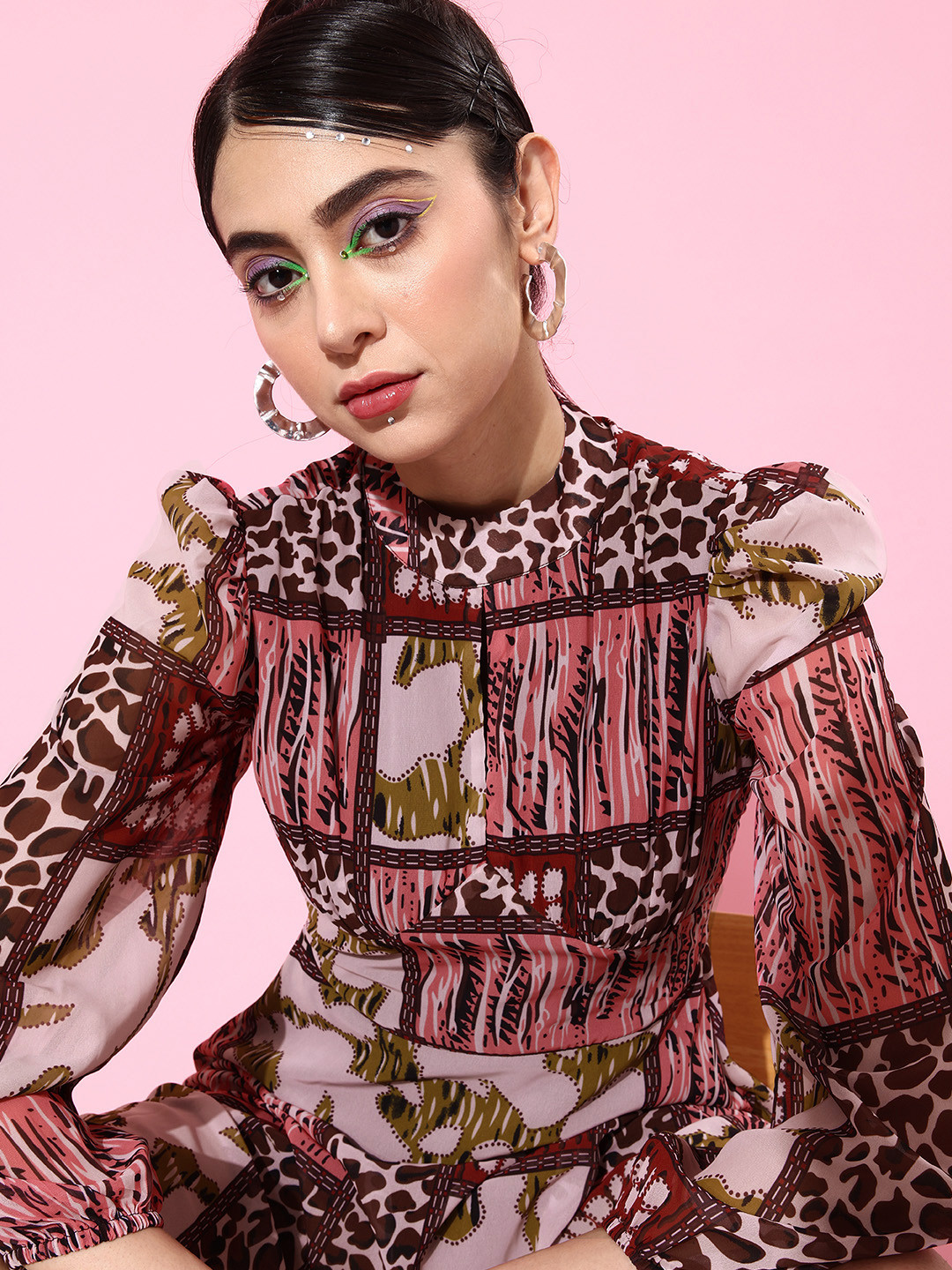 KASSUALLY Women Pink Animal Printed Once Upon a Sleeve Dress