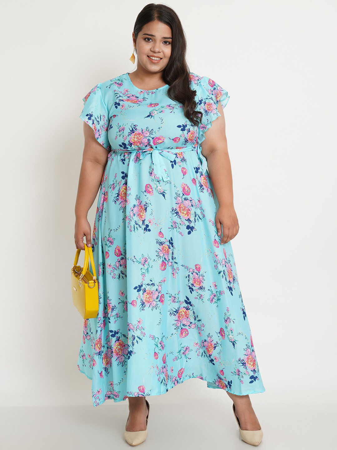 U&F Women's Plus Size Blue Floral Crepe Maxi Dress