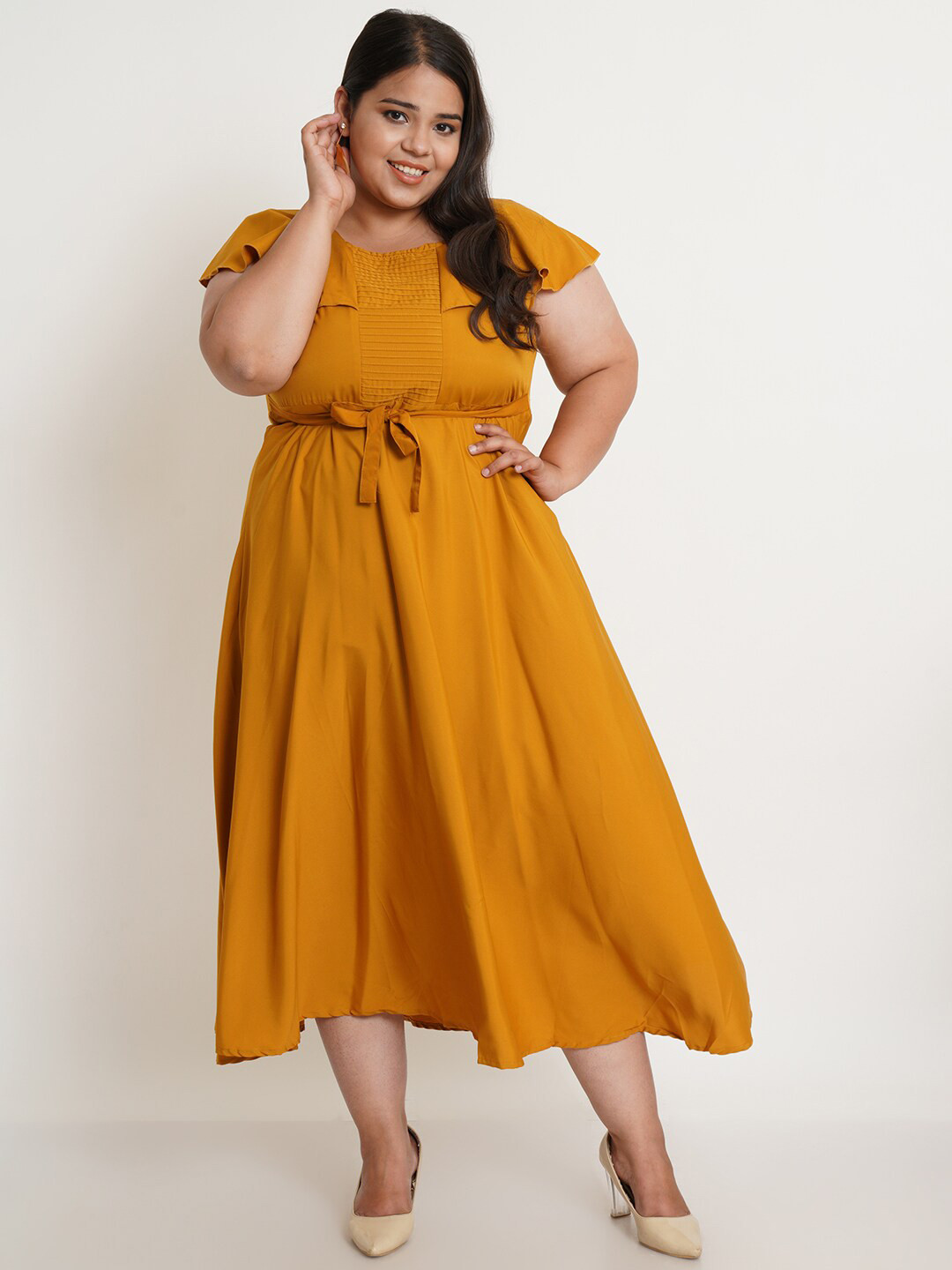 U&F Women's Plus Size Mustard Yellow Crepe Maxi Dress