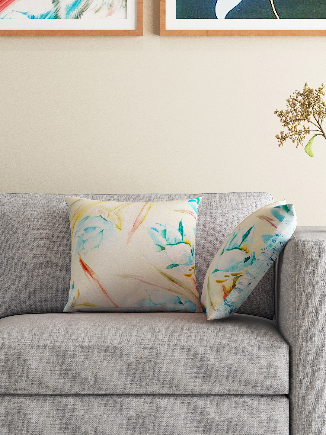 HOUZZCODE Abstract Floral Polyester Washable 2 Pcs Textured Square Cushion Covers -16x16In