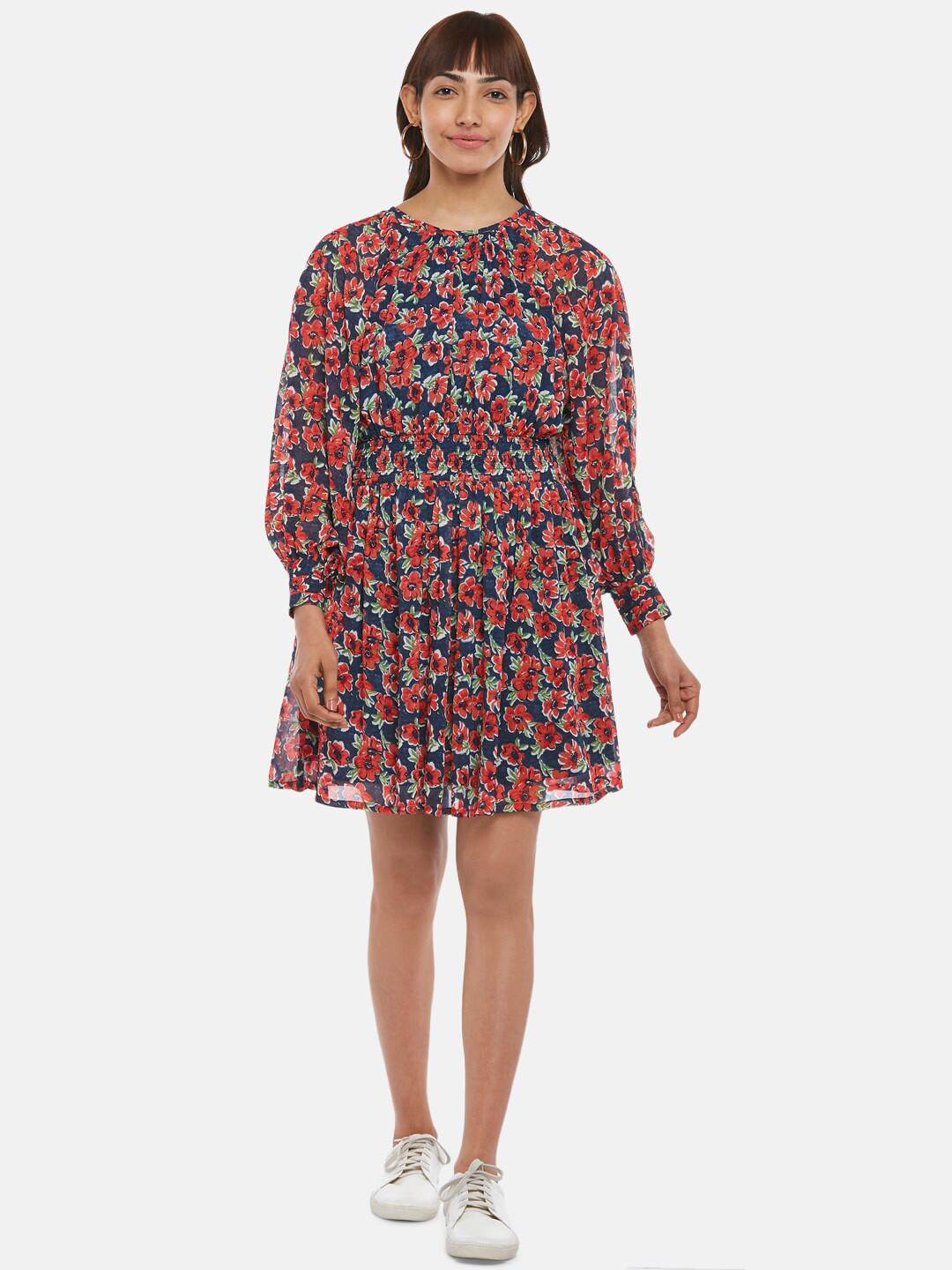 People Blue Floral Printed A-Line Dress