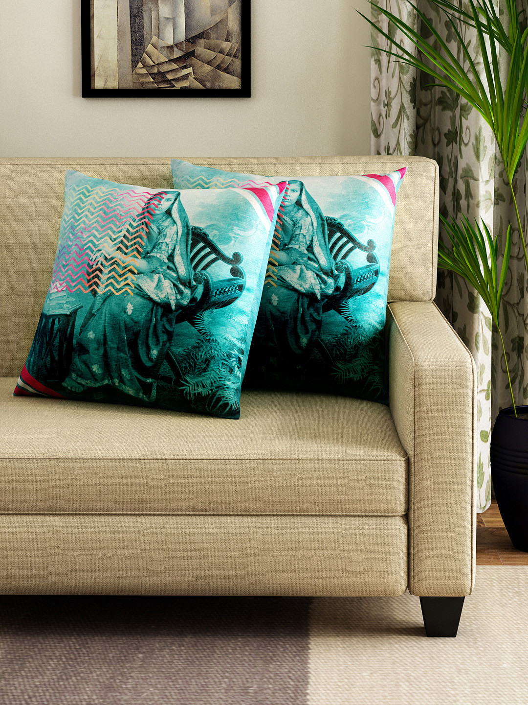 HOUZZCODE Graphic print Ethnic Motifs Velvet 2 Pcs Textured Cushion Covers-16x16In