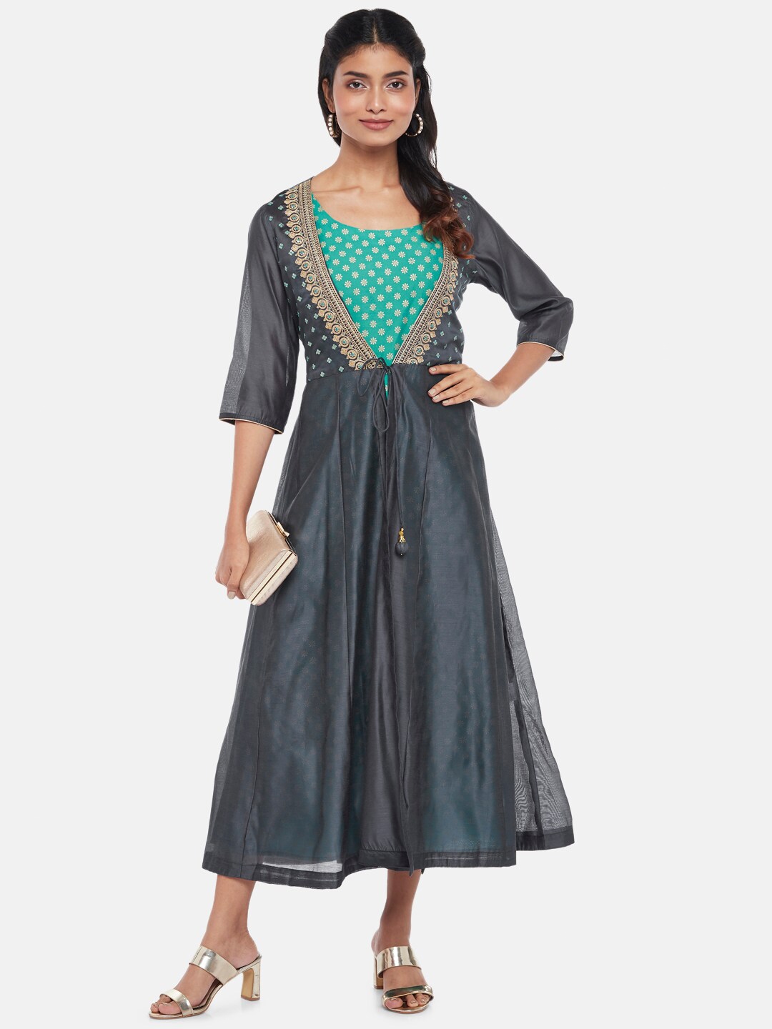 RANGMANCH BY PANTALOONS Teal Blue Embroidered Ethnic Midi Dress