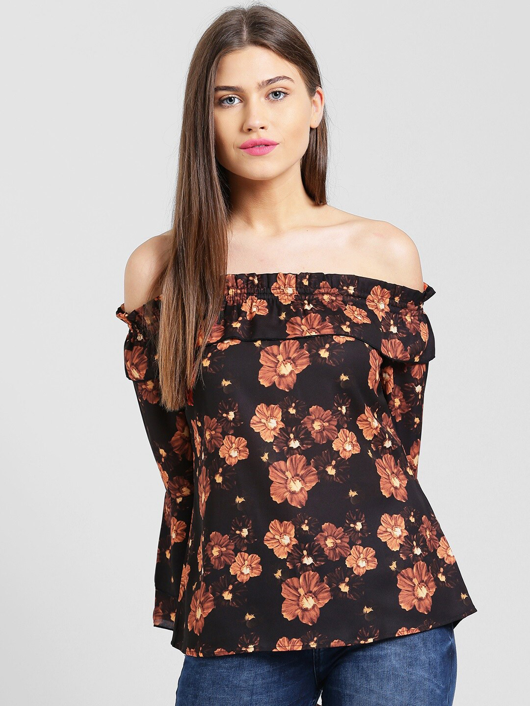 Be Indi Black Floral Print Off-Shoulder Ruffles Bardot Top