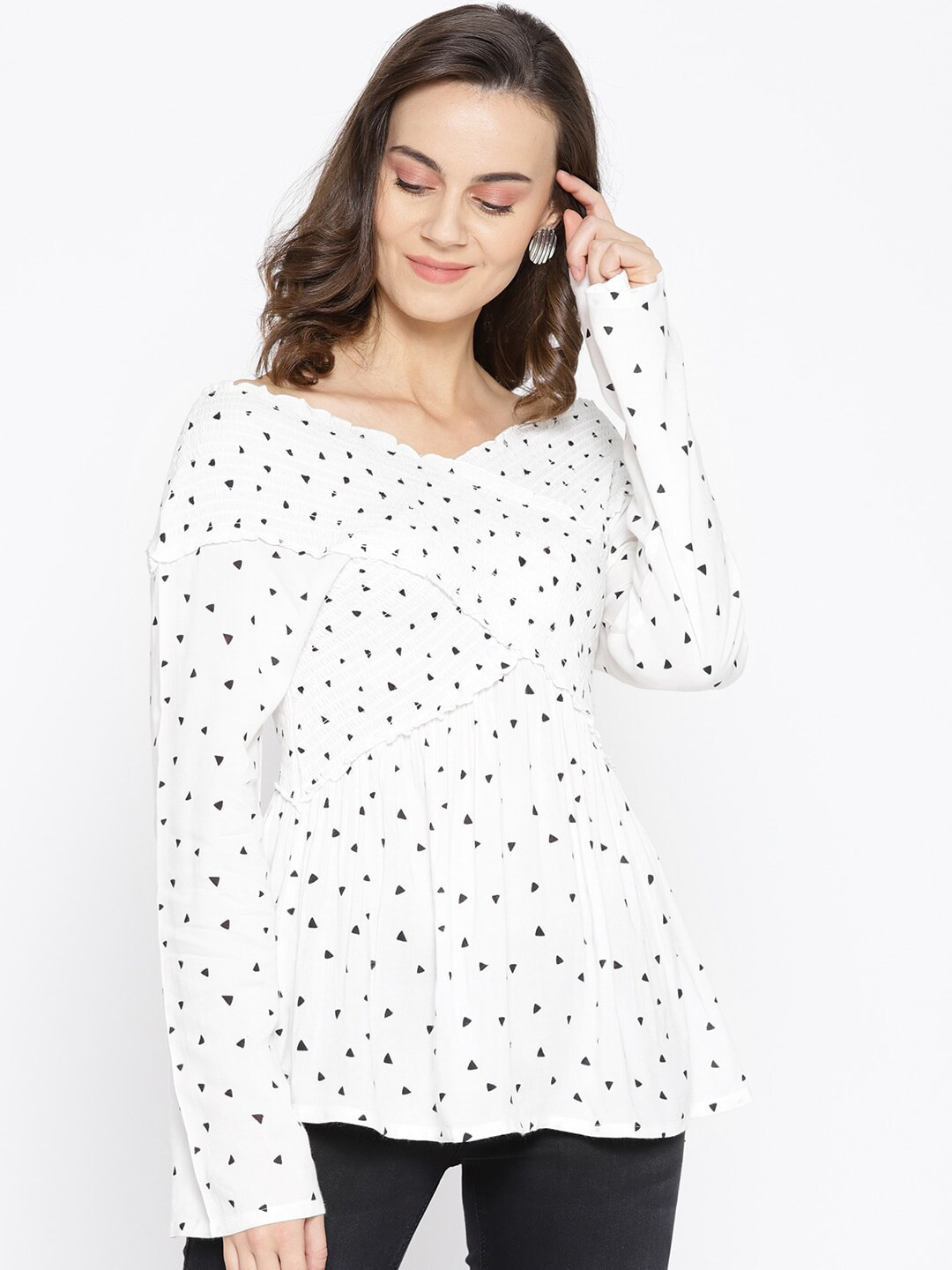 Be Indi White Print Off-Shoulder Monochrome Bardot Top