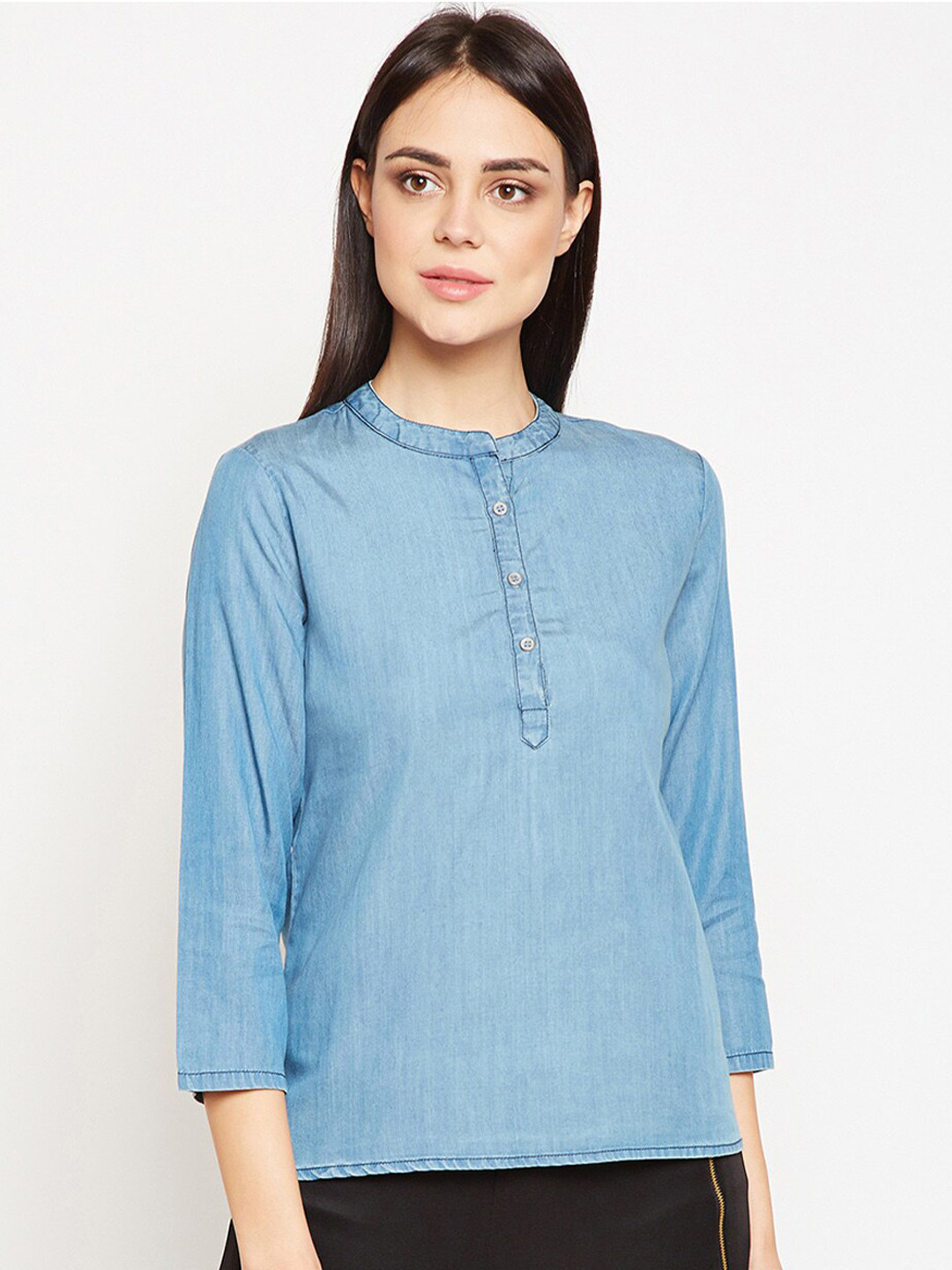 Be Indi Blue Mandarin Collar Top