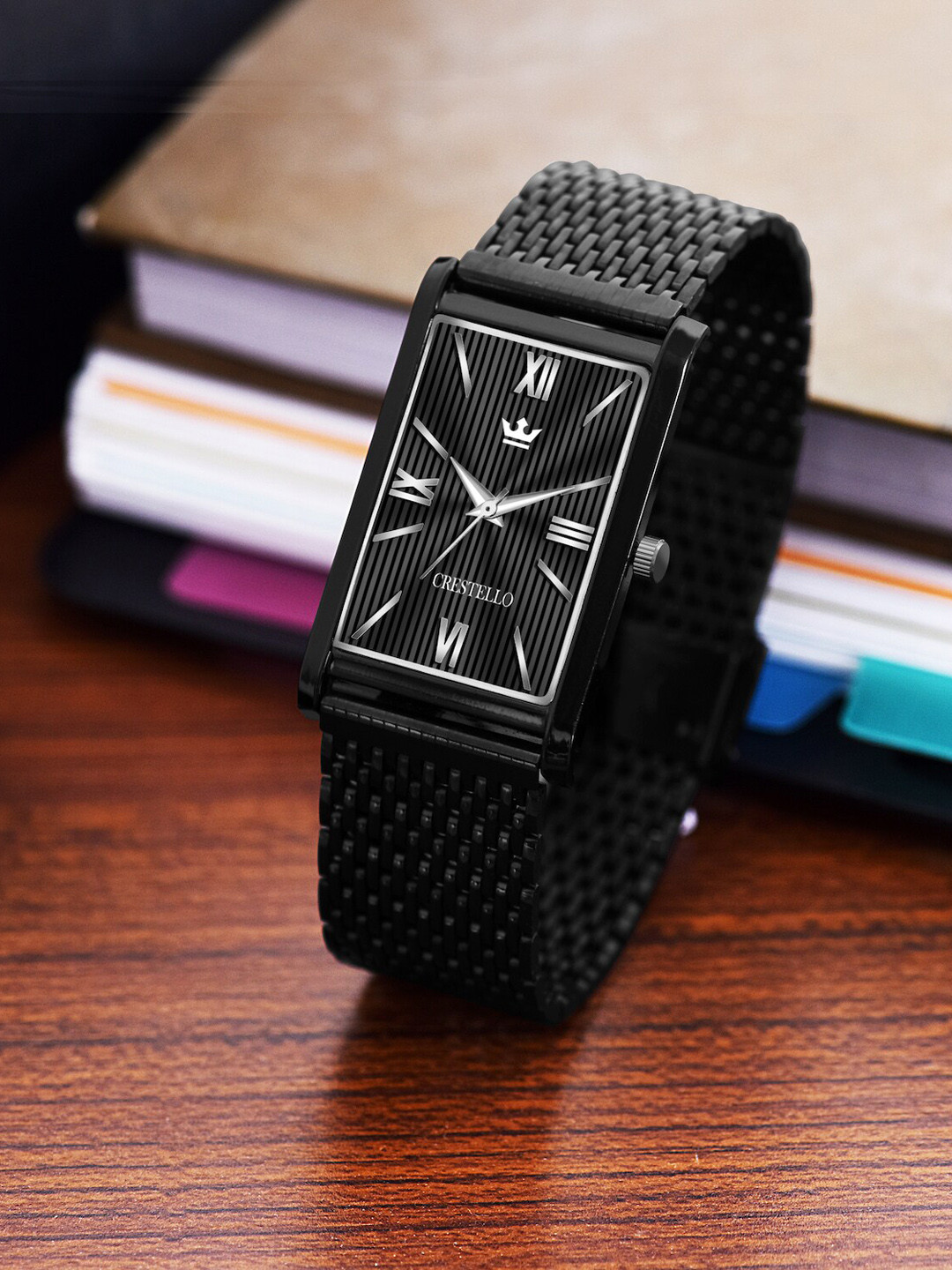 CRESTELLO Men Black Brass Dial & Black Stainless Steel Bracelet Style Straps Analogue Watch CR-BK026-BLK-CH