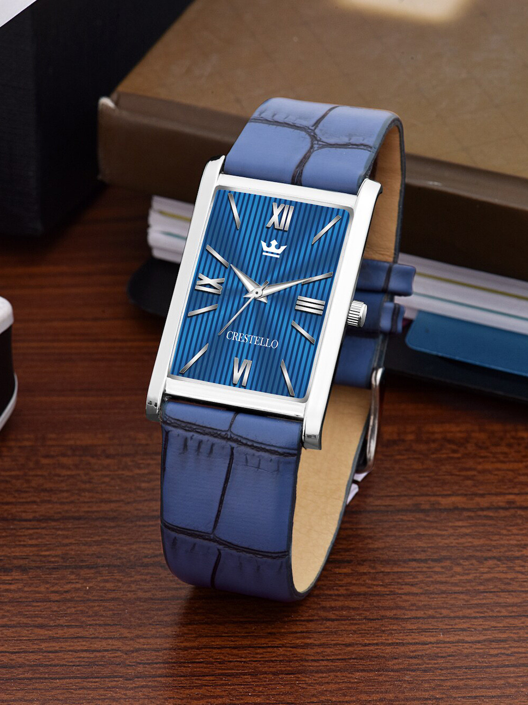 CRESTELLO Men Blue Brass Dial & Blue Leather Textured Straps Analogue Watch CR-WT026-BLUE