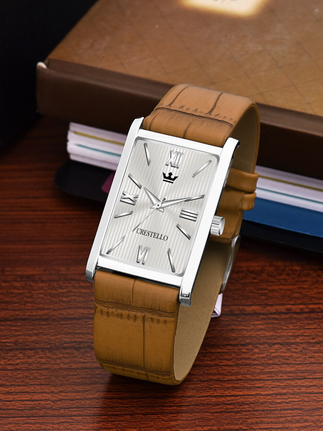 CRESTELLO Men Silver-Toned Brass Printed Dial & Brown Leather Textured Straps Analogue Watch CR-WT026-SLV-BRW