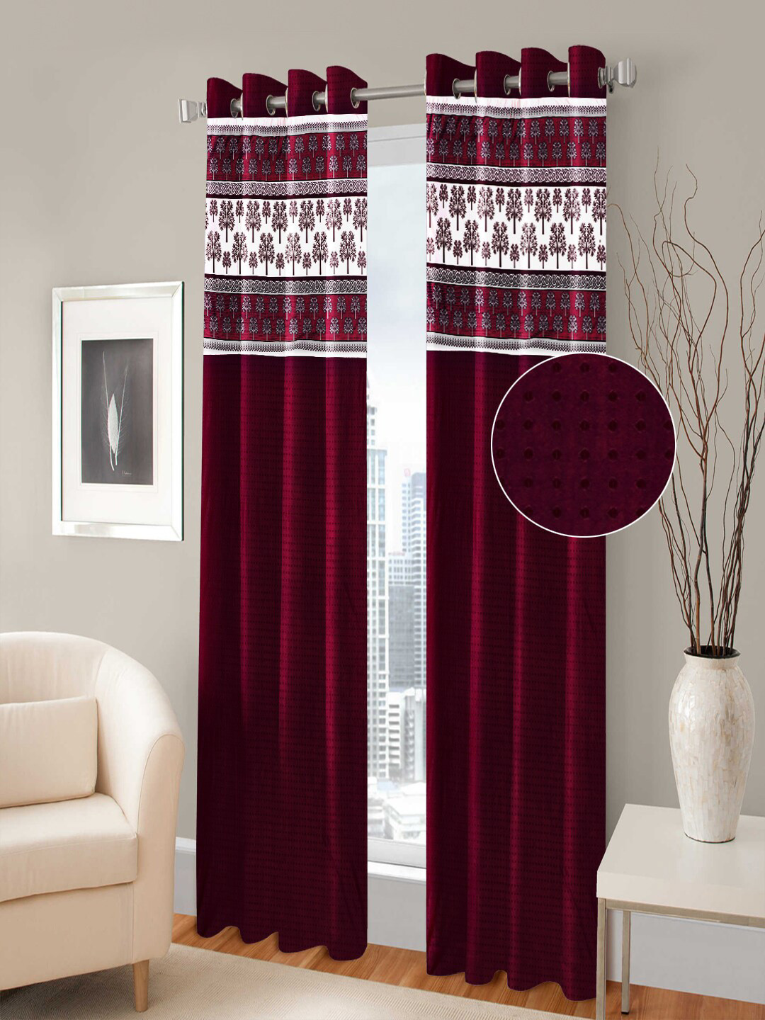 Nendle Maroon & White Set of 2 Geometric Room Darkening Long Door Curtain