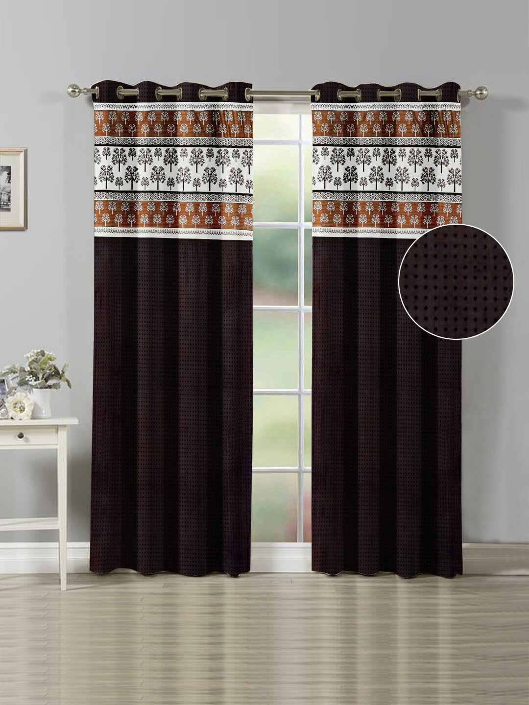 Nendle Brown & White Set of 2 Floral Room Darkening Door Curtain