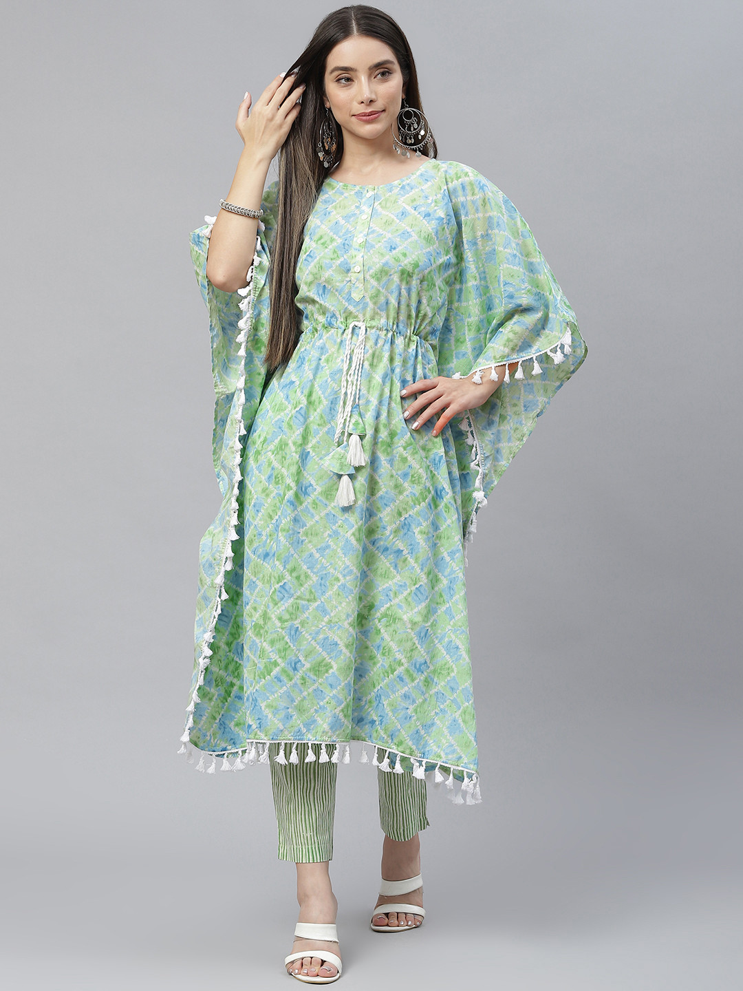 Indibelle Women Sea Green & Blue Printed Pure Cotton Kurta with Trousers