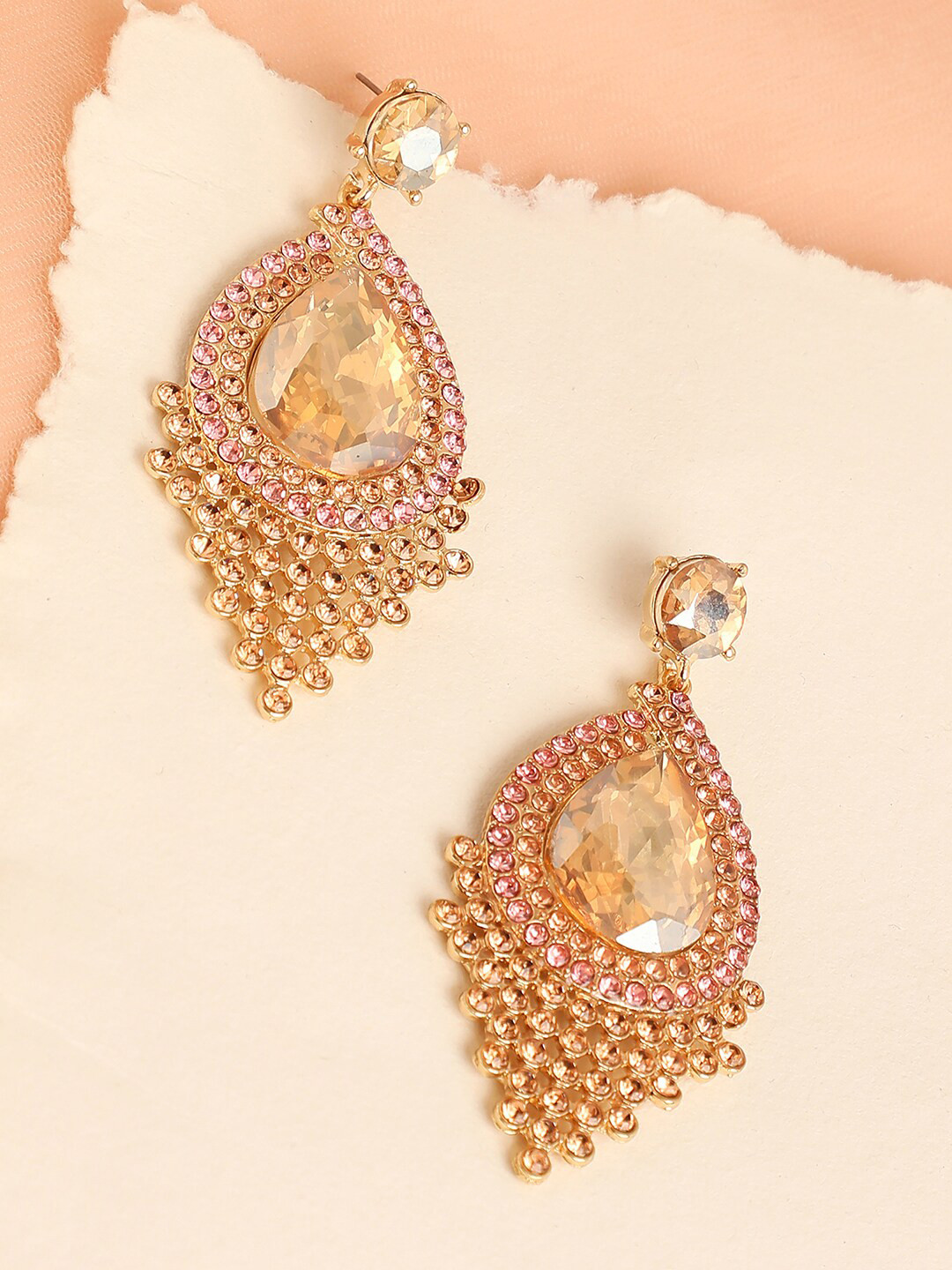 SOHI Gold-Plated & Peach Contemporary Drop Earrings
