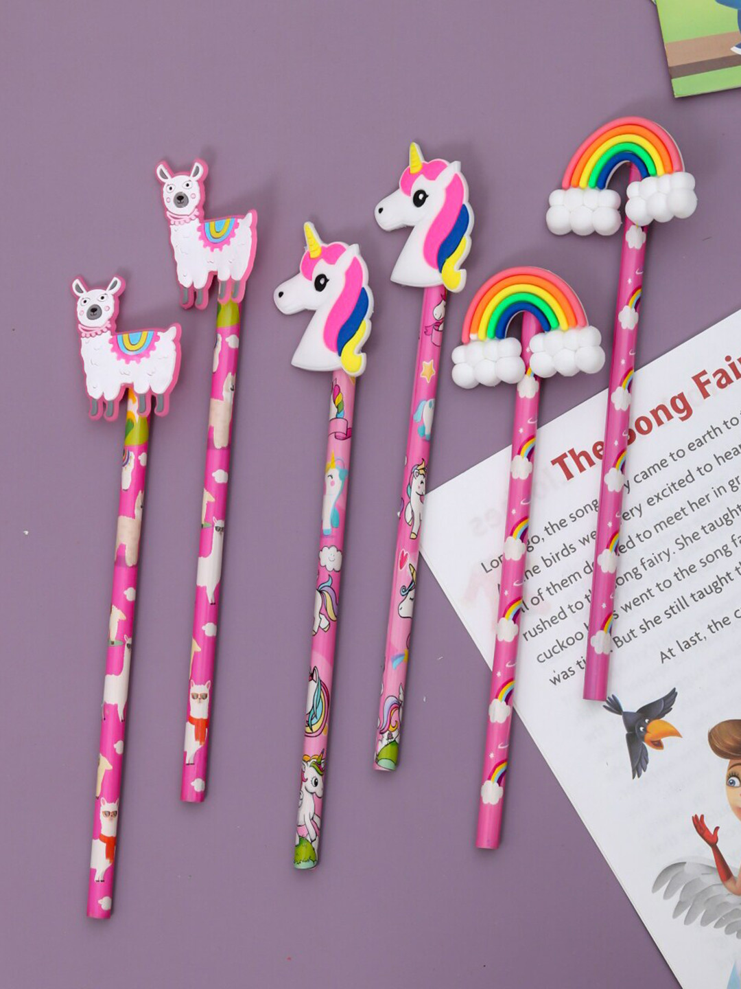 Yellow Bee Kids Set Of 6 Pink & White Unicorn Motifs Printed Pencil