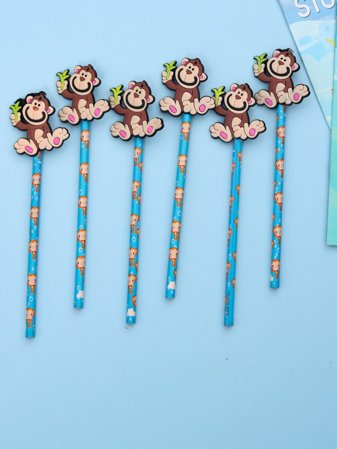 Yellow Bee Kids Set Of 6 Blue Monkey Motifs Printed Pencil