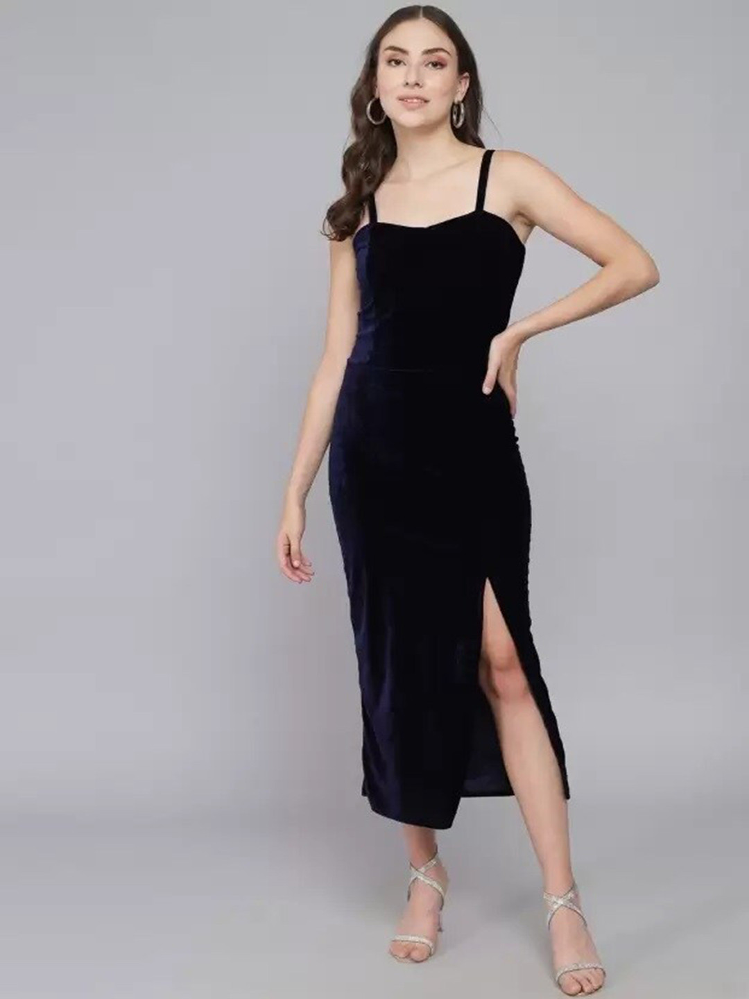 VAARARO Navy Blue Velvet Sheath Midi Dress