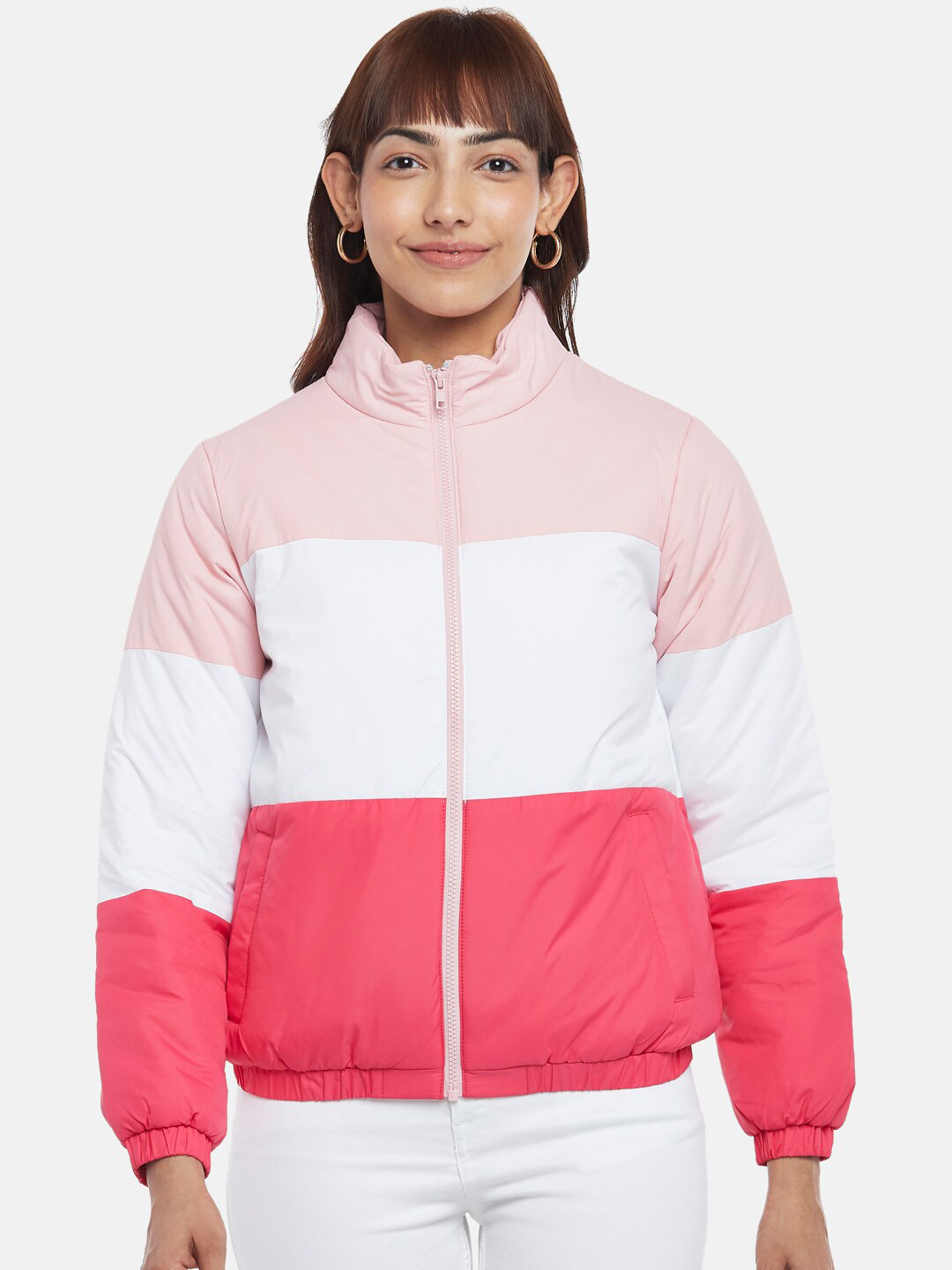 People Women Pink White Cotton Colourblocked Bomber Jacket