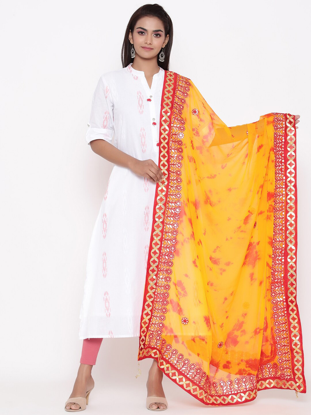 SOUNDARYA Yellow & Red Dyed Dupatta with Thread Work