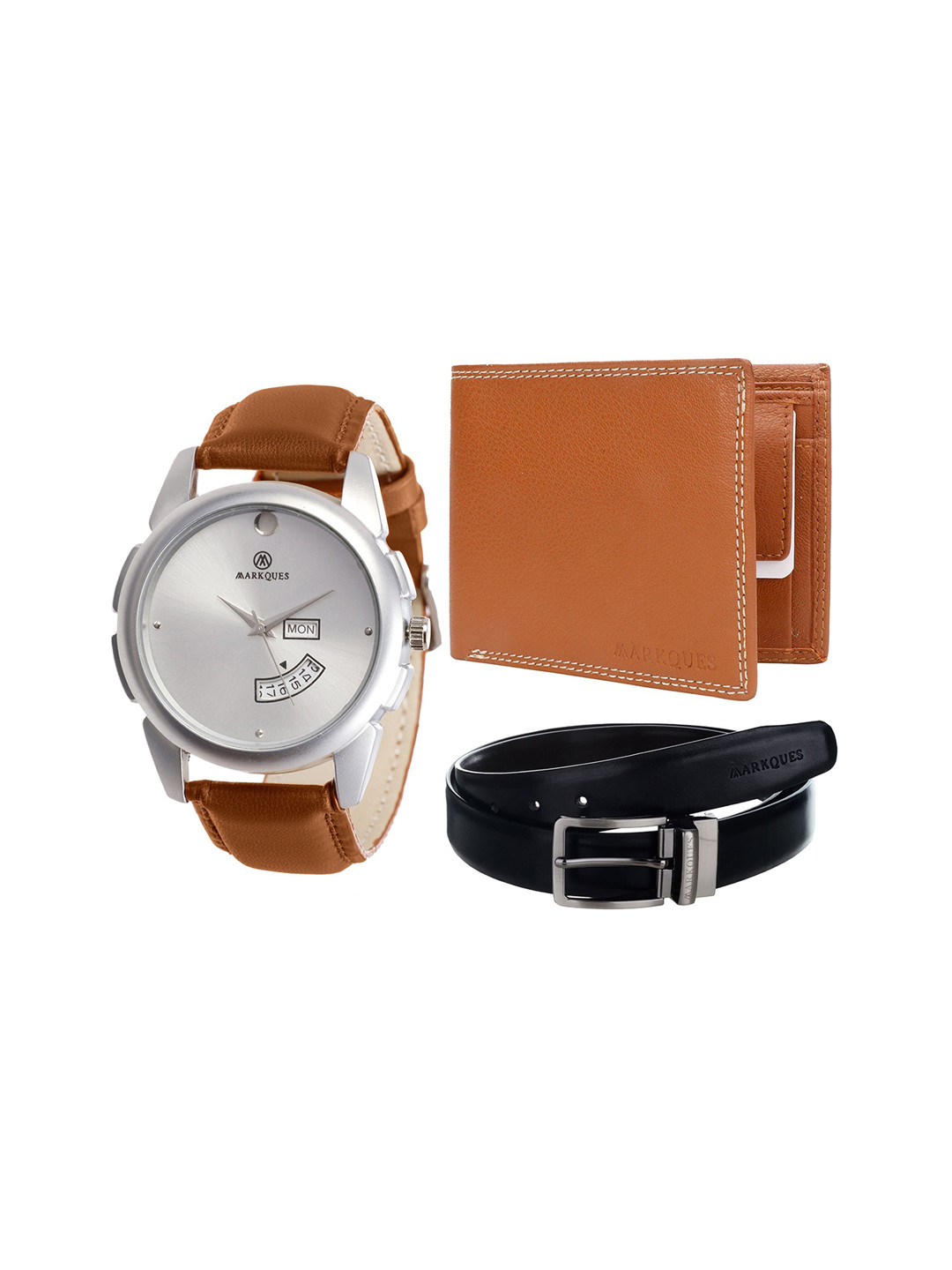 MARKQUES Men Tan Colored Solid Leather Accessory Gift Set STV-770904-SPT-04-NL-01-Multi