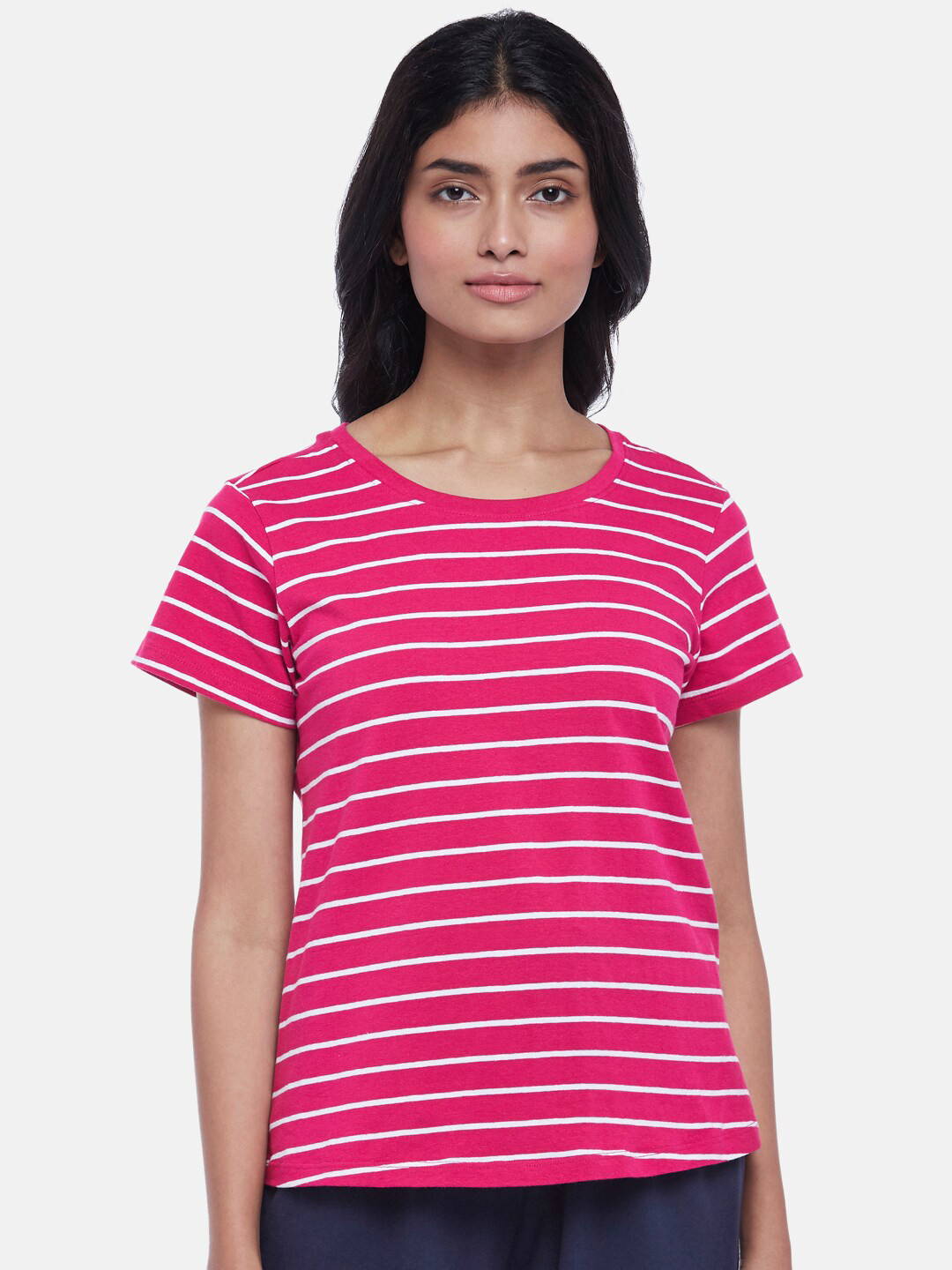 Dreamz by Pantaloons Women Pink Striped Cotton Lounge T-shirts