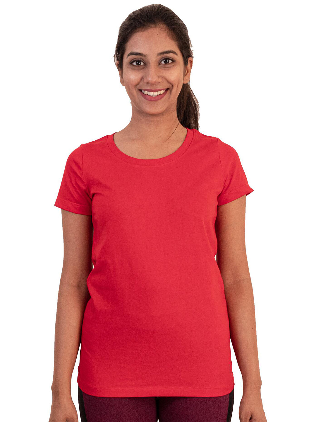 Decathlon  Women Round Neck Red Pure Cotton T-shirt