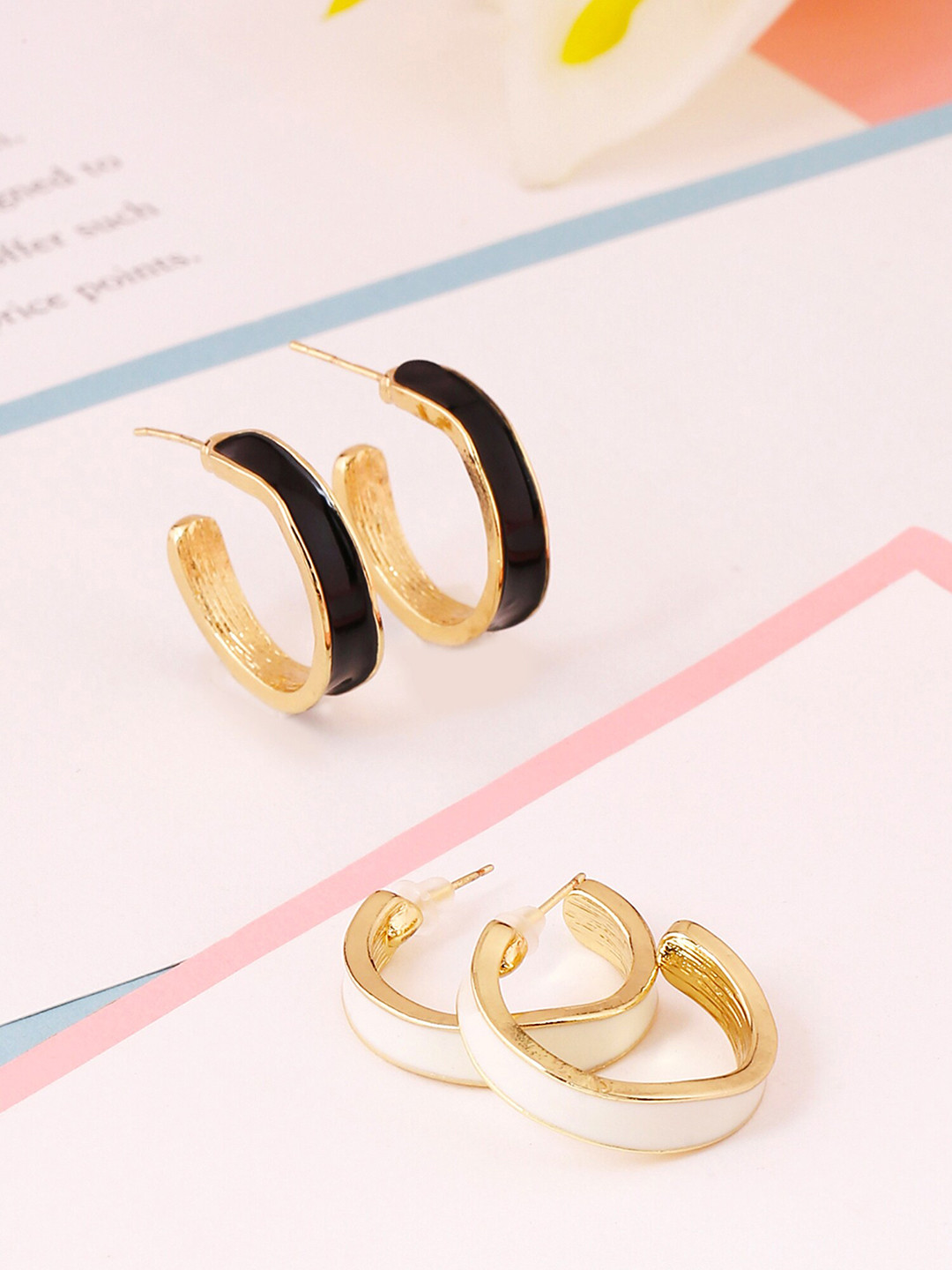 Unwind by Yellow Chimes Set Of 2 Gold-Plated & White Circular Half Hoop Earrings