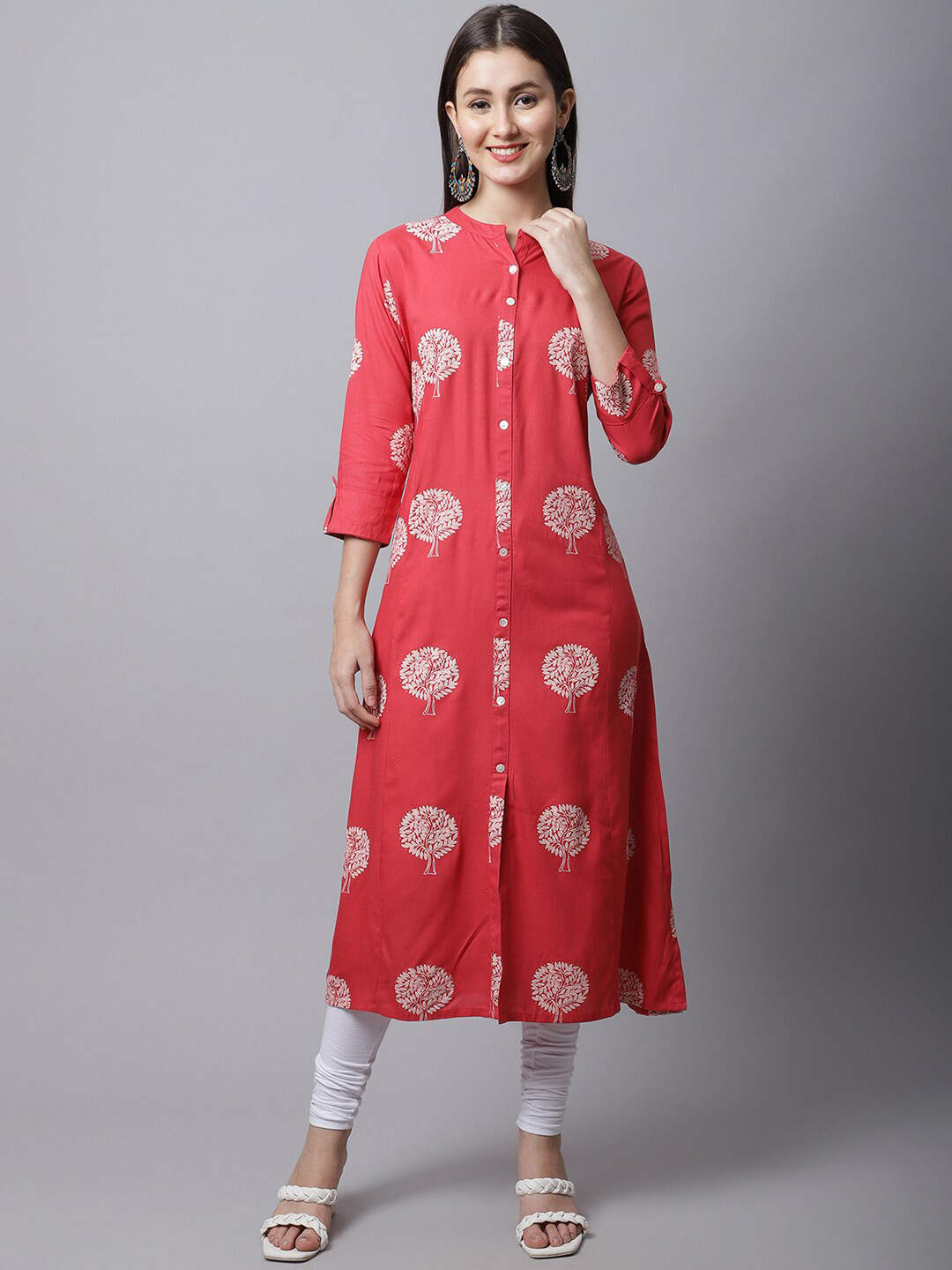 Pistaa Women Peach-Coloured & White Floral Printed Kurta