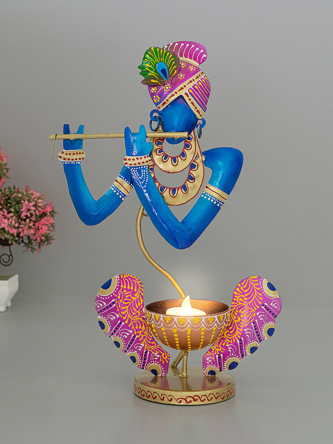 Golden Peacock Blue & Pink Krishna T-Light Candle Holder