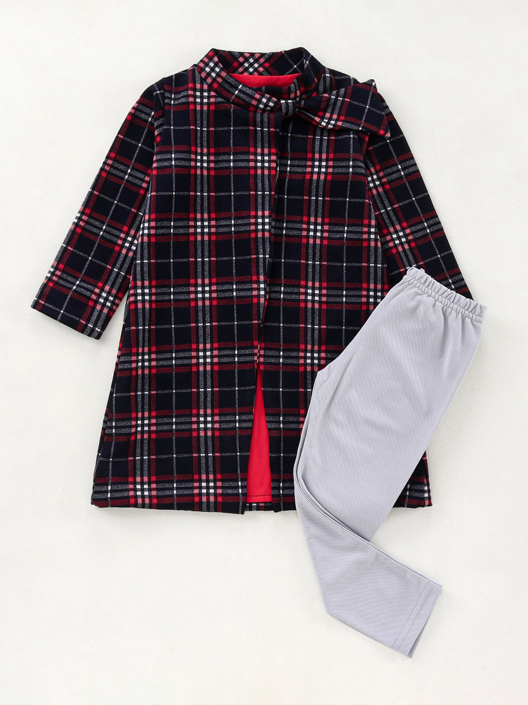 Enfance Girls Navy Blue & Red Checked Coat with Leggings