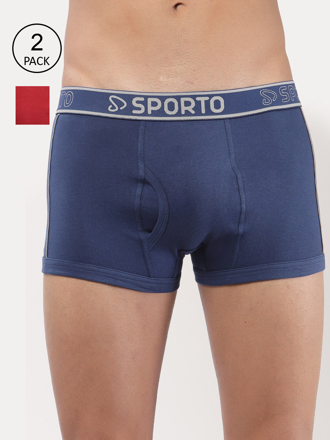 SPORTO Men Pack Of 2 Red & Blue Solid Cotton Trunk SPM1020ST_2P-Red + Demin Blue