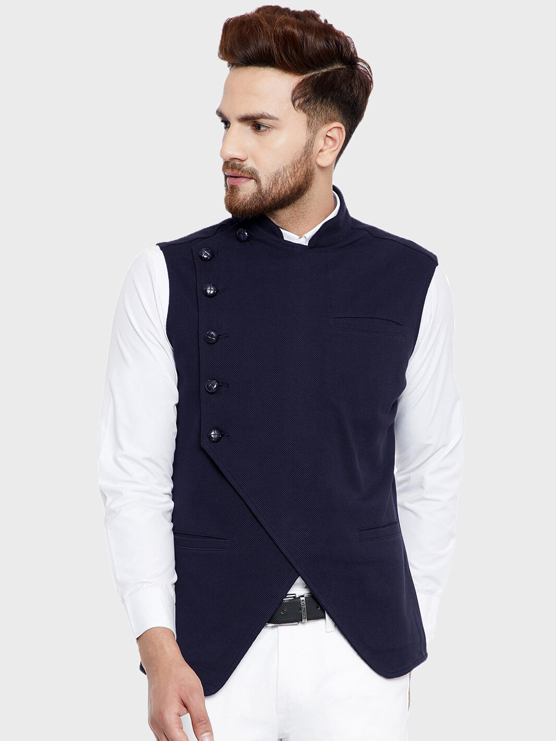 Hypernation Men Navy Blue Asymmetric Pure Cotton Knitted Nehru Jacket