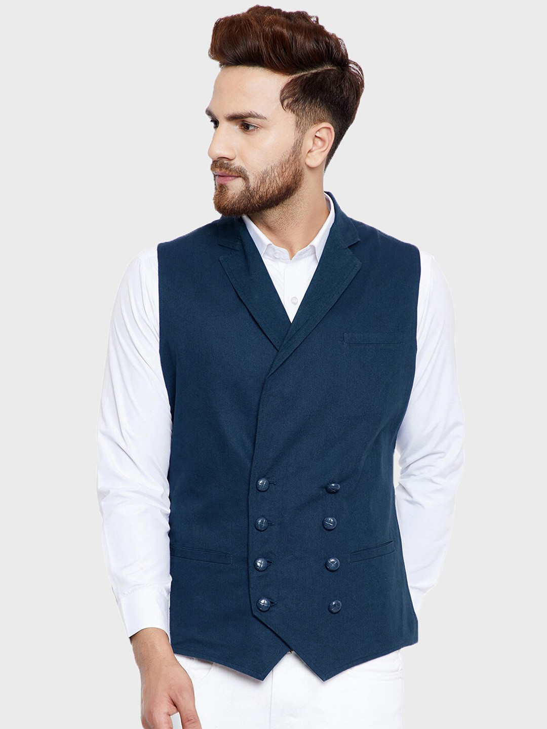 Hypernation Men Teal Blue Solid Cotton Double Breasted Waistcoat