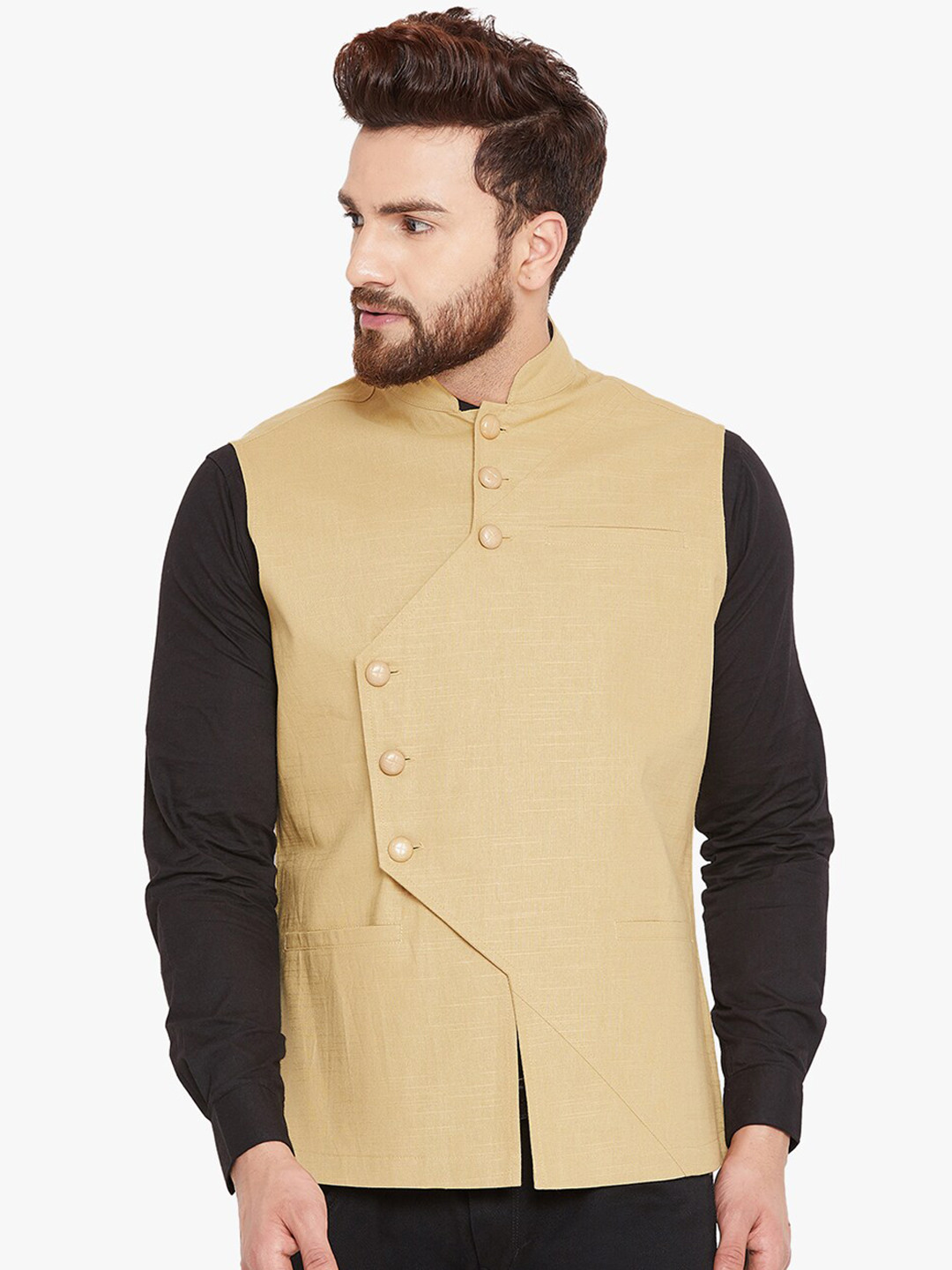 Hypernation Men Khaki-Colored Solid Mandarin Collar Cotton Nehru Jacket